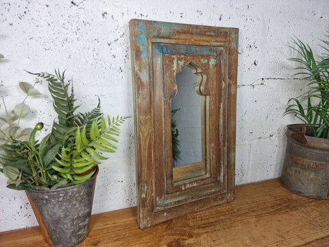 Vintage Rustic Reclaimed Indian Temple Wooden Bathroom Hallway Wall Mirror