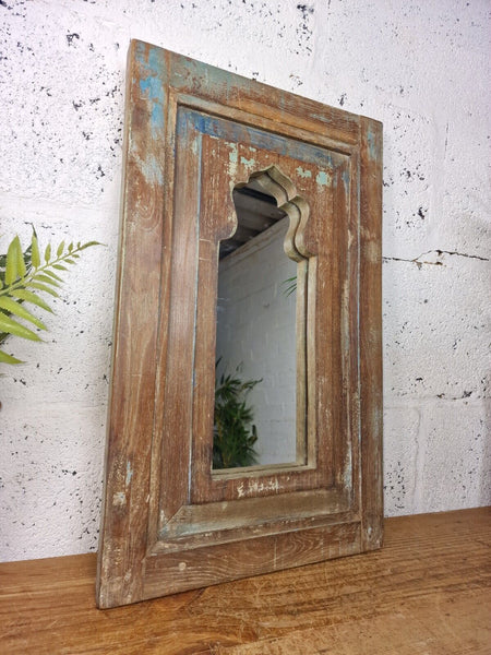 Vintage Rustic Reclaimed Indian Temple Wooden Bathroom Hallway Wall Mirror