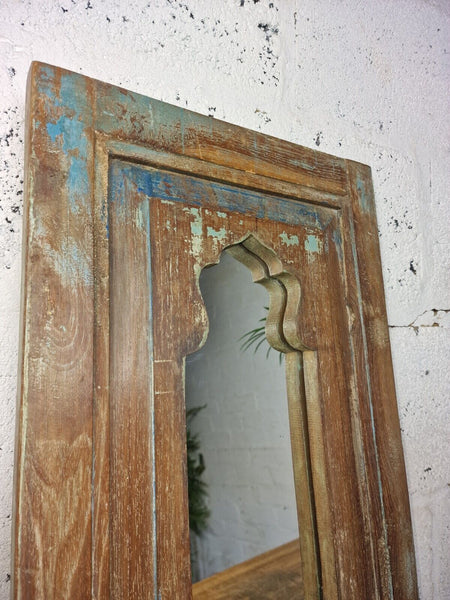Vintage Rustic Reclaimed Indian Temple Wooden Bathroom Hallway Wall Mirror