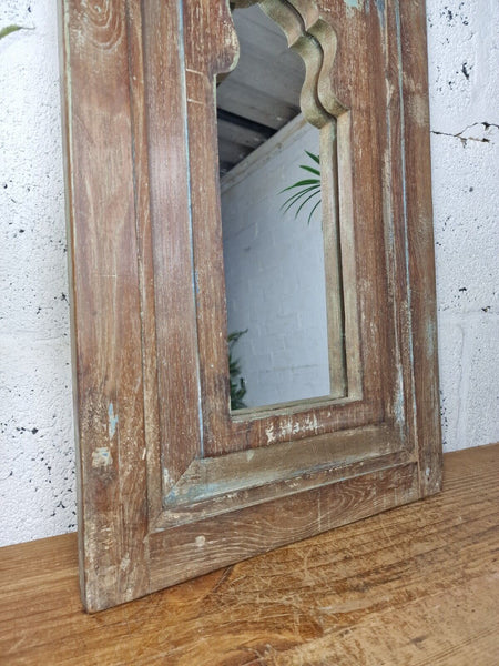 Vintage Rustic Reclaimed Indian Temple Wooden Bathroom Hallway Wall Mirror