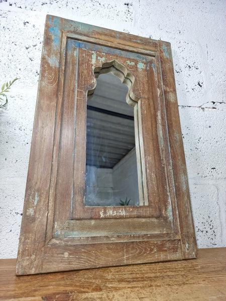 Vintage Rustic Reclaimed Indian Temple Wooden Bathroom Hallway Wall Mirror