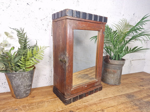 Old Vintage Rustic Indian Wooden Bathroom Glazed Mirrored Wall Cabinet
