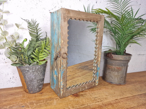 Old Vintage Rustic Indian Wooden Bathroom Glazed Mirrored Wall Cabinet