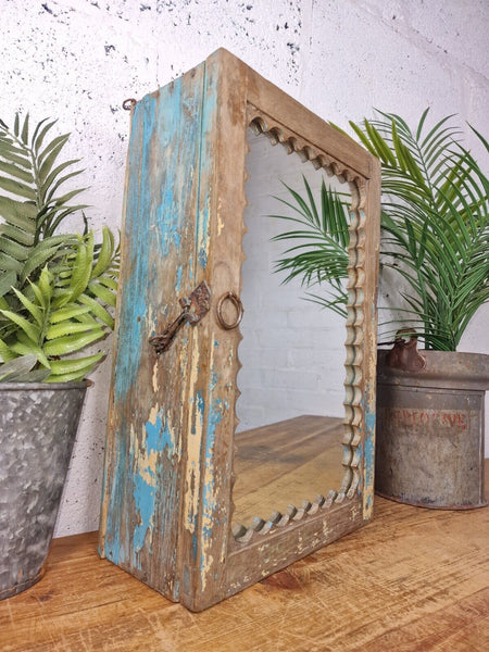Old Vintage Rustic Indian Wooden Bathroom Glazed Mirrored Wall Cabinet