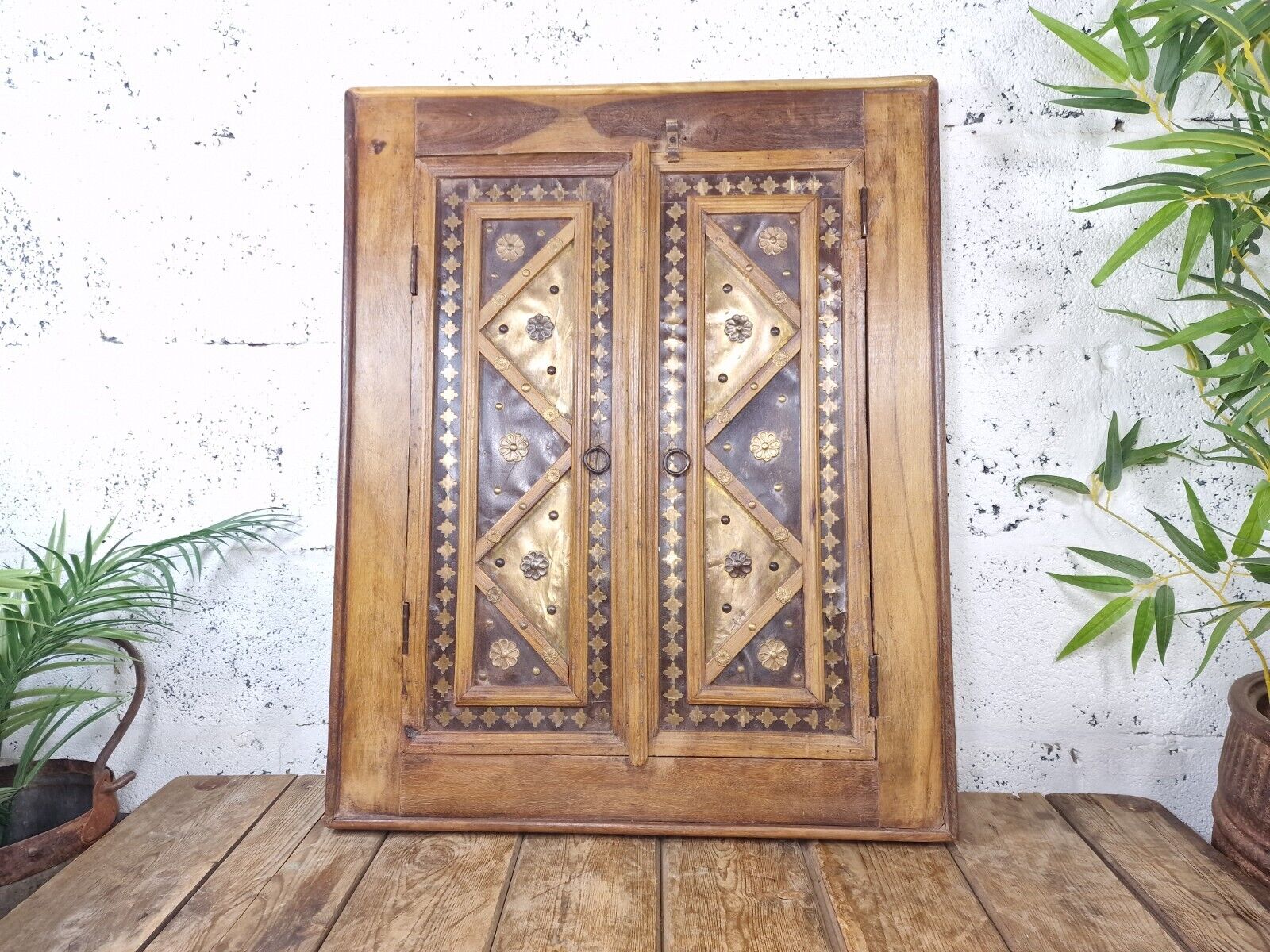 Large Antique Indian Colonial Solid Wooden Window Shutters Wall Garden Mirror