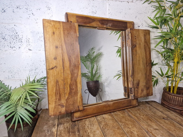 Large Antique Indian Colonial Solid Wooden Window Shutters Wall Garden Mirror