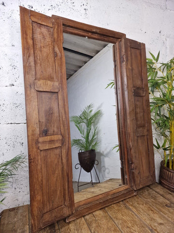 Large Antique Indian Colonial Solid Wooden Window Shutters Wall Garden Mirror