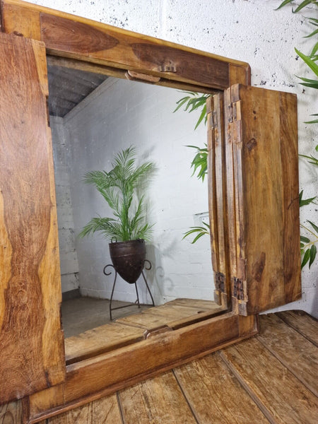 Large Antique Indian Colonial Solid Wooden Window Shutters Wall Garden Mirror