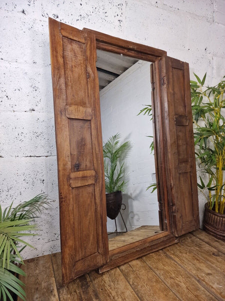 Large Antique Indian Colonial Solid Wooden Window Shutters Wall Garden Mirror