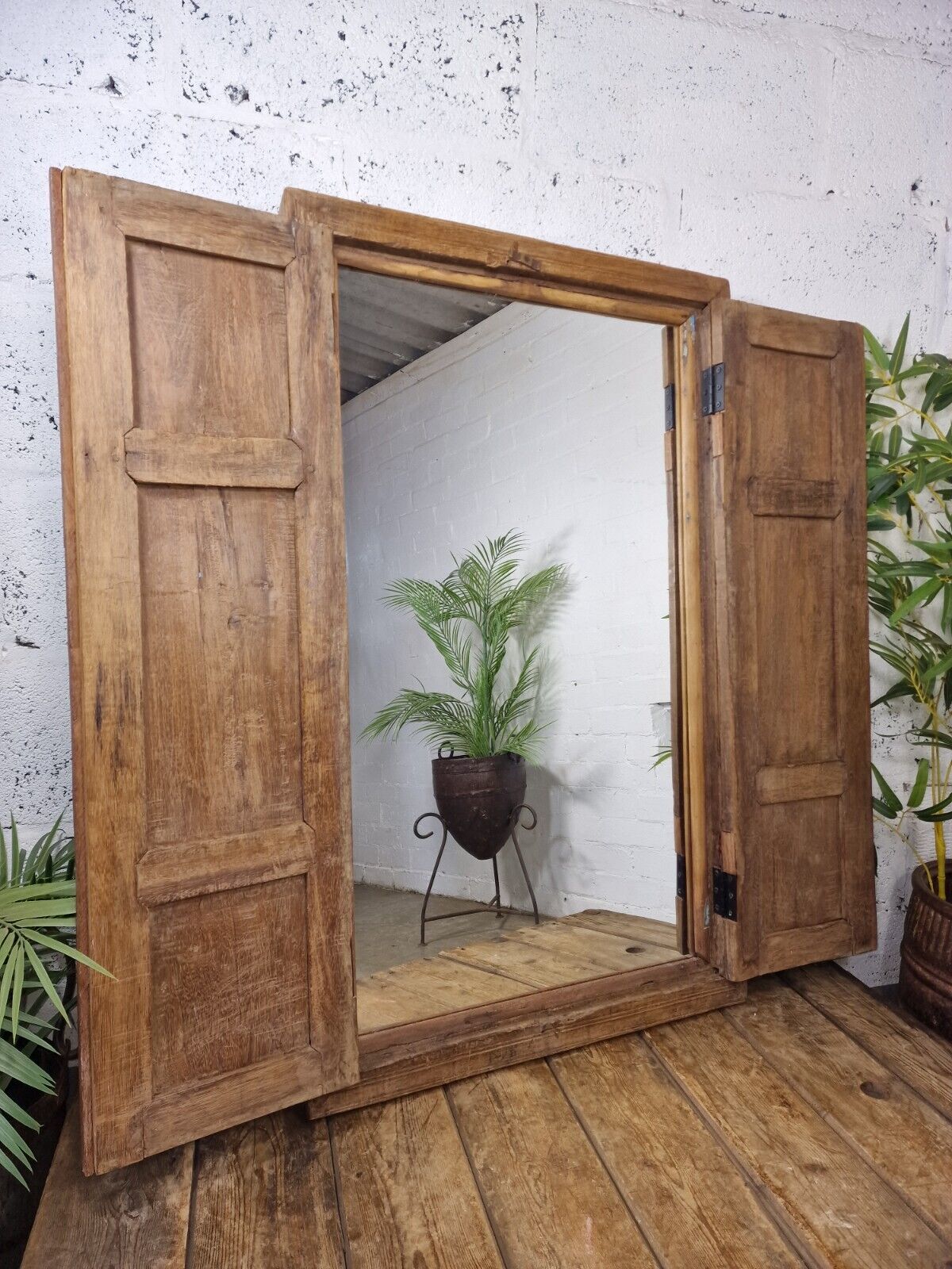 Large Antique Indian Colonial Solid Wooden Window Shutters Wall Garden Mirror
