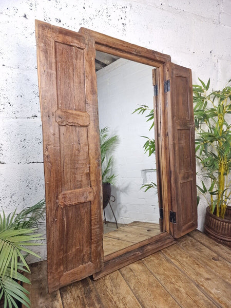 Large Antique Indian Colonial Solid Wooden Window Shutters Wall Garden Mirror