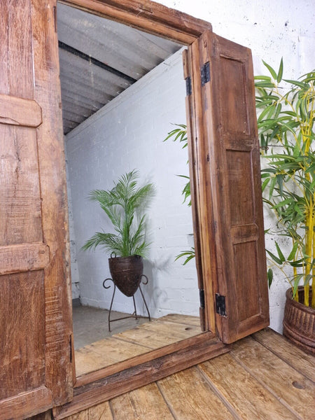 Large Antique Indian Colonial Solid Wooden Window Shutters Wall Garden Mirror