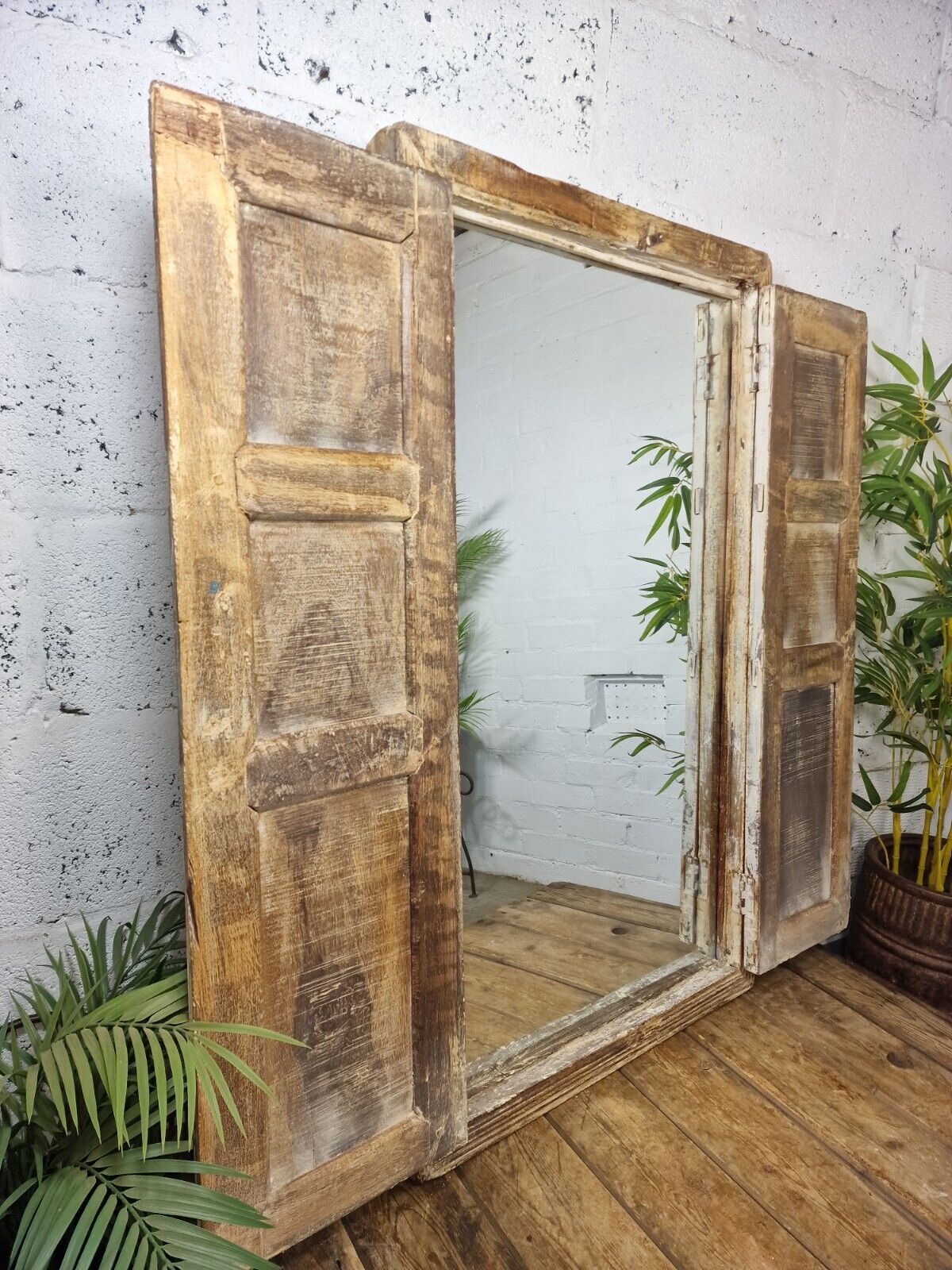 Large Antique Indian Colonial Solid Wooden Window Shutters Wall Garden Mirror