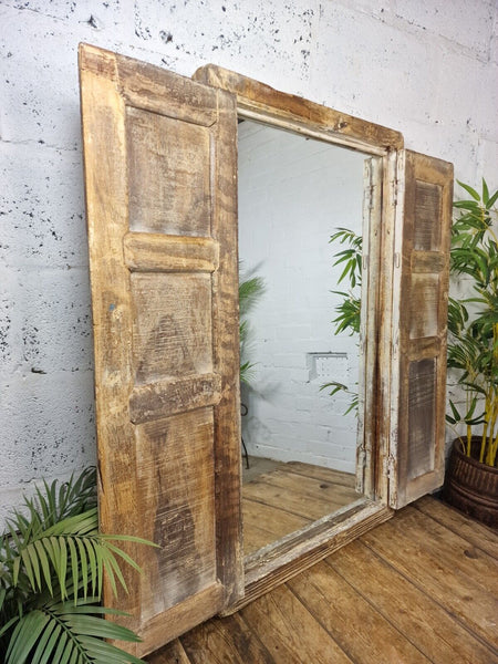 Large Antique Indian Colonial Solid Wooden Window Shutters Wall Garden Mirror