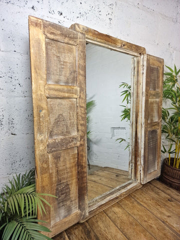 Large Antique Indian Colonial Solid Wooden Window Shutters Wall Garden Mirror