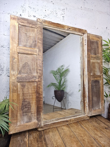 Large Antique Indian Colonial Solid Wooden Window Shutters Wall Garden Mirror