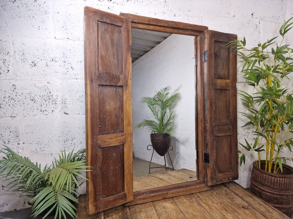 Large Antique Indian Colonial Solid Wooden Window Shutters Wall Garden Mirror