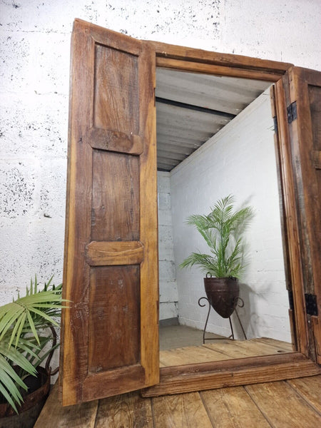 Large Antique Indian Colonial Solid Wooden Window Shutters Wall Garden Mirror