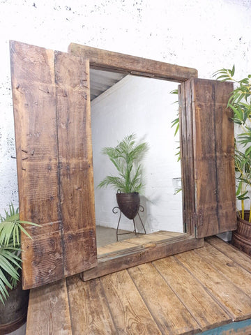 Large Antique Indian Colonial Solid Wooden Window Shutters Wall Garden Mirror