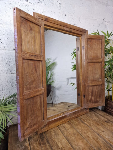 Large Antique Indian Colonial Solid Wooden Window Shutters Wall Garden Mirror