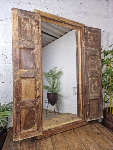 Large Antique Indian Colonial Solid Wooden Window Shutters Wall Garden Mirror