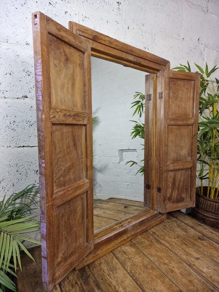 Large Antique Indian Colonial Solid Wooden Window Shutters Wall Garden Mirror