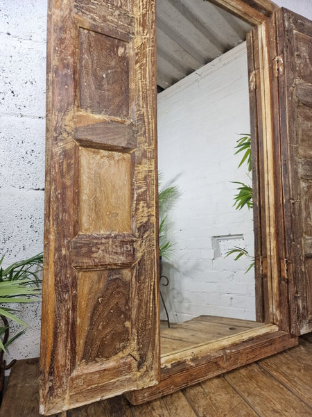 Large Antique Indian Colonial Solid Wooden Window Shutters Wall Garden Mirror