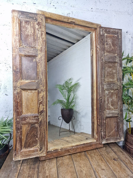 Large Antique Indian Colonial Solid Wooden Window Shutters Wall Garden Mirror