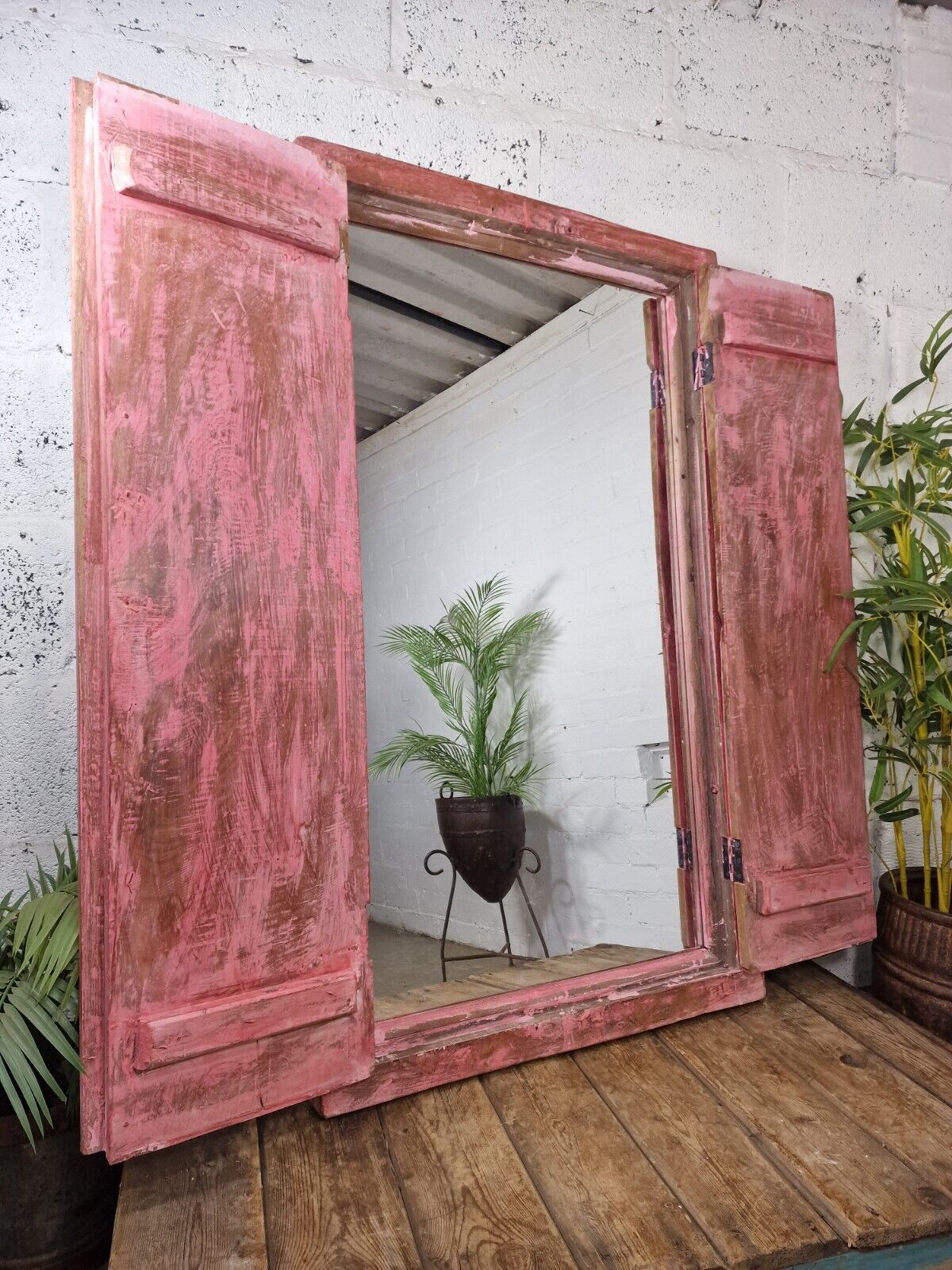 Large Reclaimed Vintage Indian Wooden Wall Window Frame Mirror Home Garden Decor