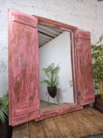 Large Reclaimed Vintage Indian Wooden Wall Window Frame Mirror Home Garden Decor