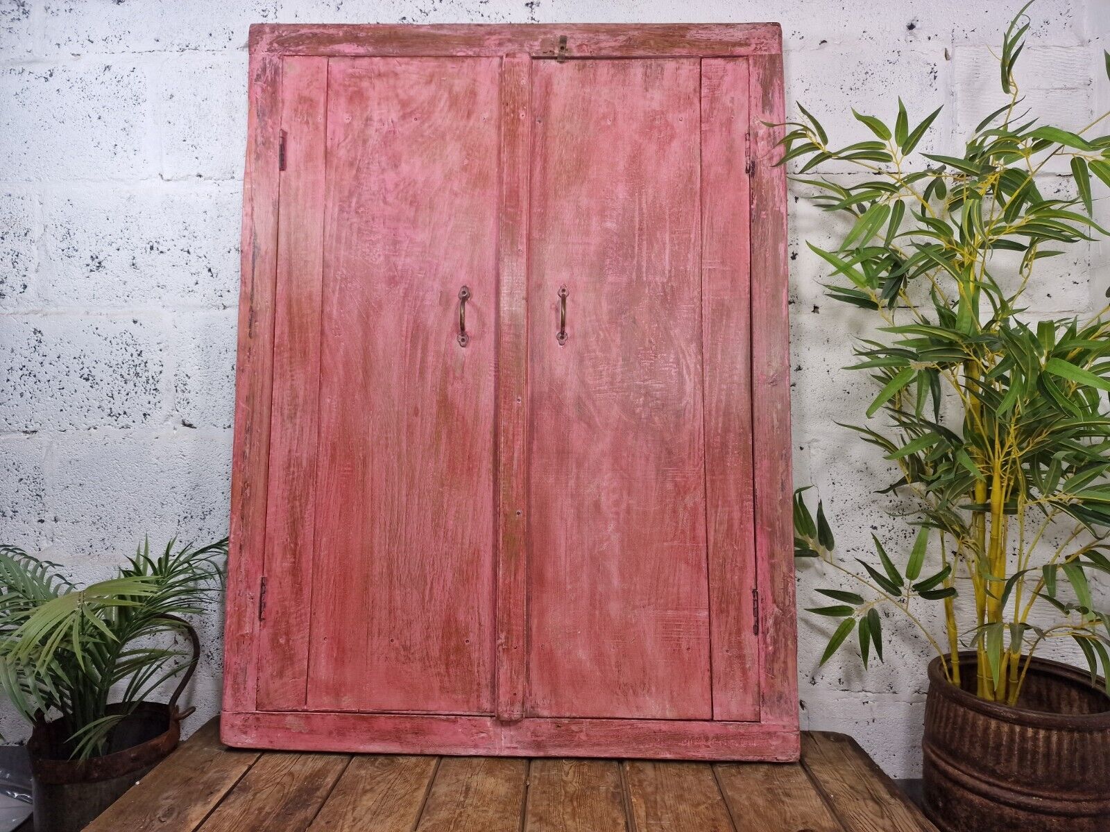 Large Reclaimed Vintage Indian Wooden Wall Window Frame Mirror Home Garden Decor