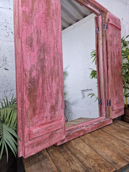 Large Reclaimed Vintage Indian Wooden Wall Window Frame Mirror Home Garden Decor
