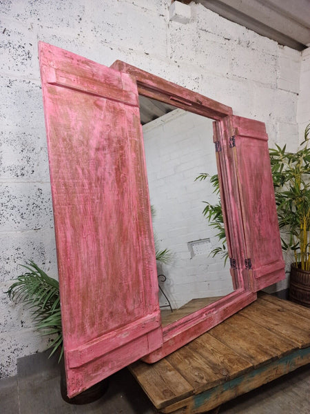 Large Reclaimed Vintage Indian Wooden Wall Window Frame Mirror Home Garden Decor