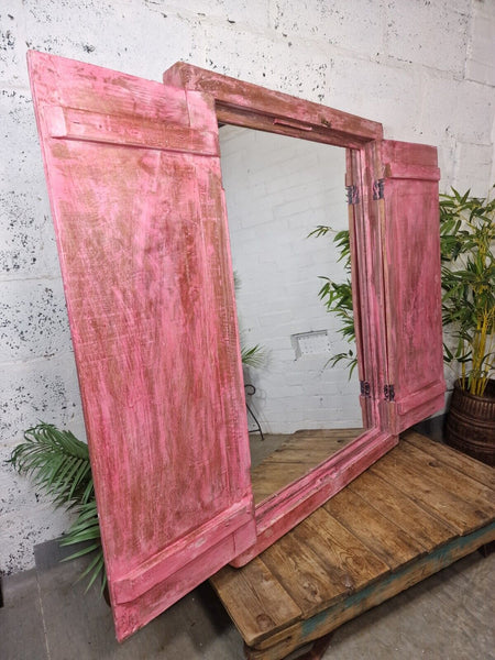 Large Reclaimed Vintage Indian Wooden Wall Window Frame Mirror Home Garden Decor