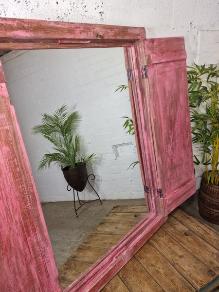 Large Reclaimed Vintage Indian Wooden Wall Window Frame Mirror Home Garden Decor