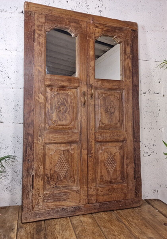Large Antique Indian Colonial Solid Wooden Window Shutters Wall Garden Mirror