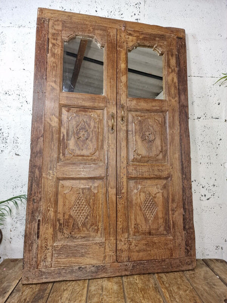 Large Antique Indian Colonial Solid Wooden Window Shutters Wall Garden Mirror
