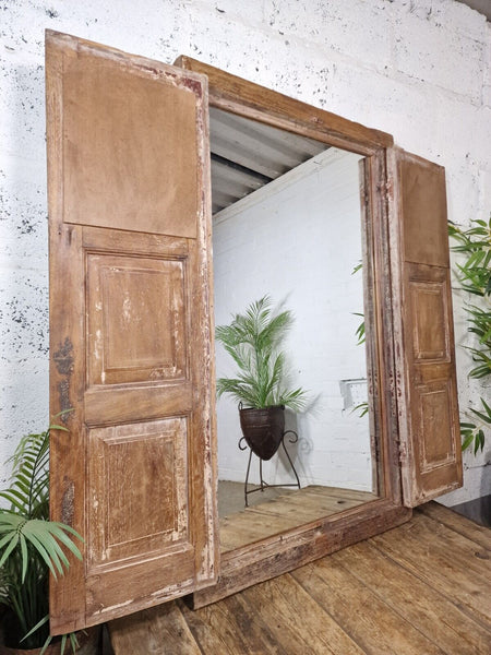 Large Antique Indian Colonial Solid Wooden Window Shutters Wall Garden Mirror