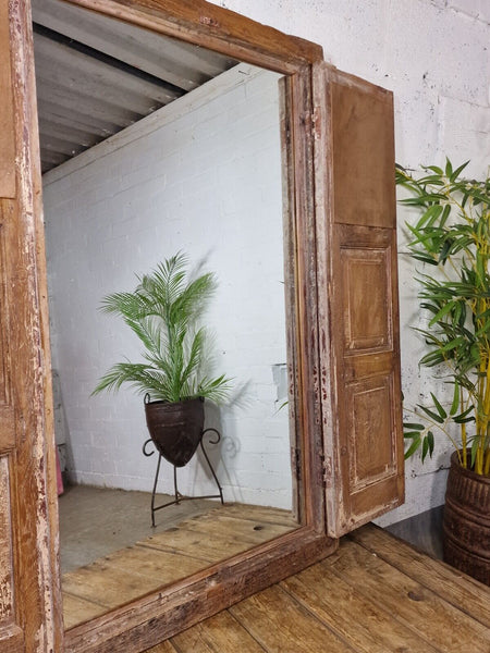 Large Antique Indian Colonial Solid Wooden Window Shutters Wall Garden Mirror