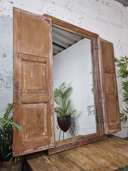 Large Antique Indian Colonial Solid Wooden Window Shutters Wall Garden Mirror