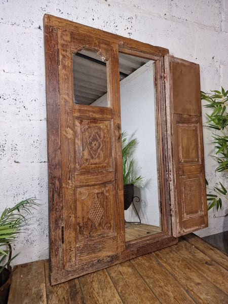 Large Antique Indian Colonial Solid Wooden Window Shutters Wall Garden Mirror