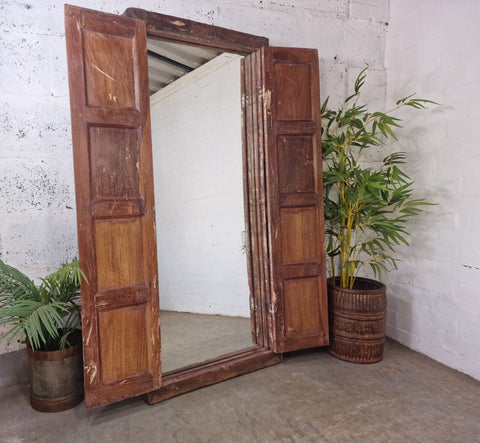Large Antique Indian Colonial Solid Wooden Window Shutters Wall Garden Mirror
