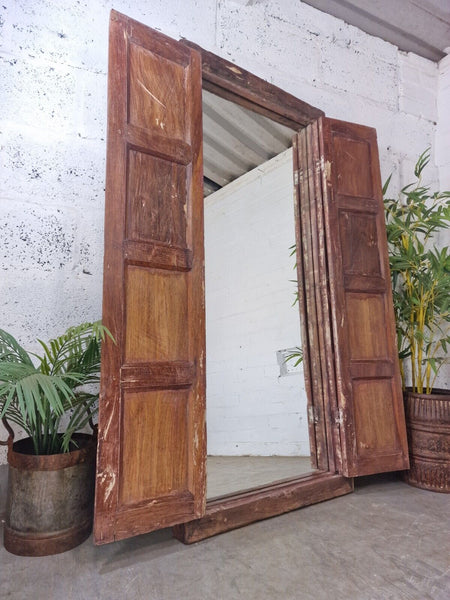 Large Antique Indian Colonial Solid Wooden Window Shutters Wall Garden Mirror