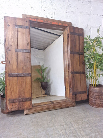 Large Antique Indian Colonial Solid Wooden Window Shutters Wall Garden Mirror