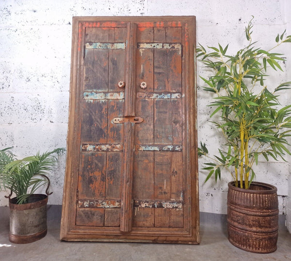 Large Antique Indian Colonial Solid Wooden Window Shutters Wall Garden Mirror