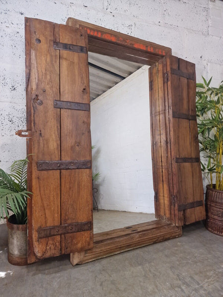 Large Antique Indian Colonial Solid Wooden Window Shutters Wall Garden Mirror