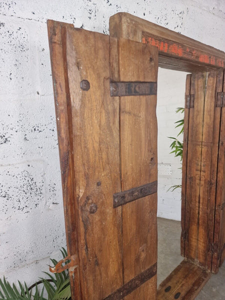 Large Antique Indian Colonial Solid Wooden Window Shutters Wall Garden Mirror