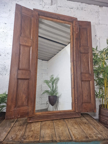 Large Antique Indian Colonial Solid Wooden Window Shutters Wall Garden Mirror