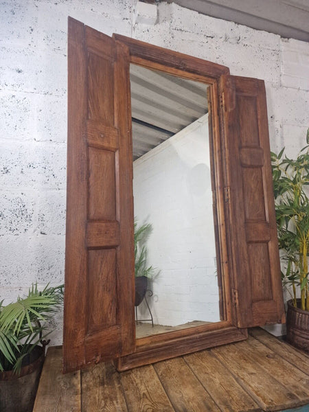Large Antique Indian Colonial Solid Wooden Window Shutters Wall Garden Mirror