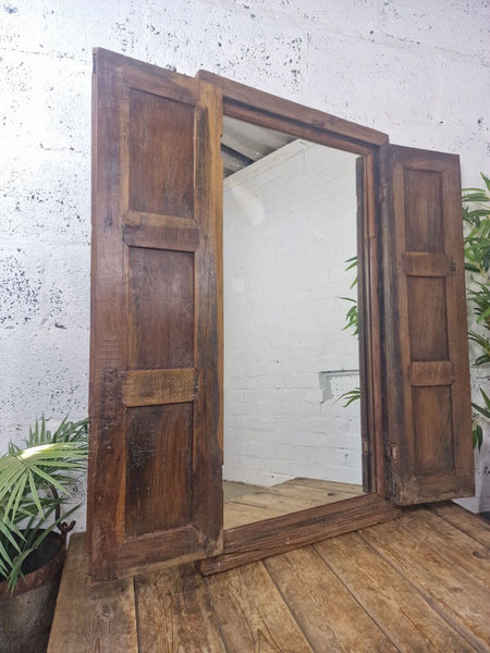 Large Antique Indian Colonial Solid Wooden Window Shutters Wall Garden Mirror
